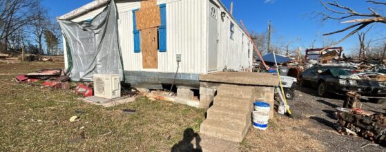 A trailer home that is being remodeled.