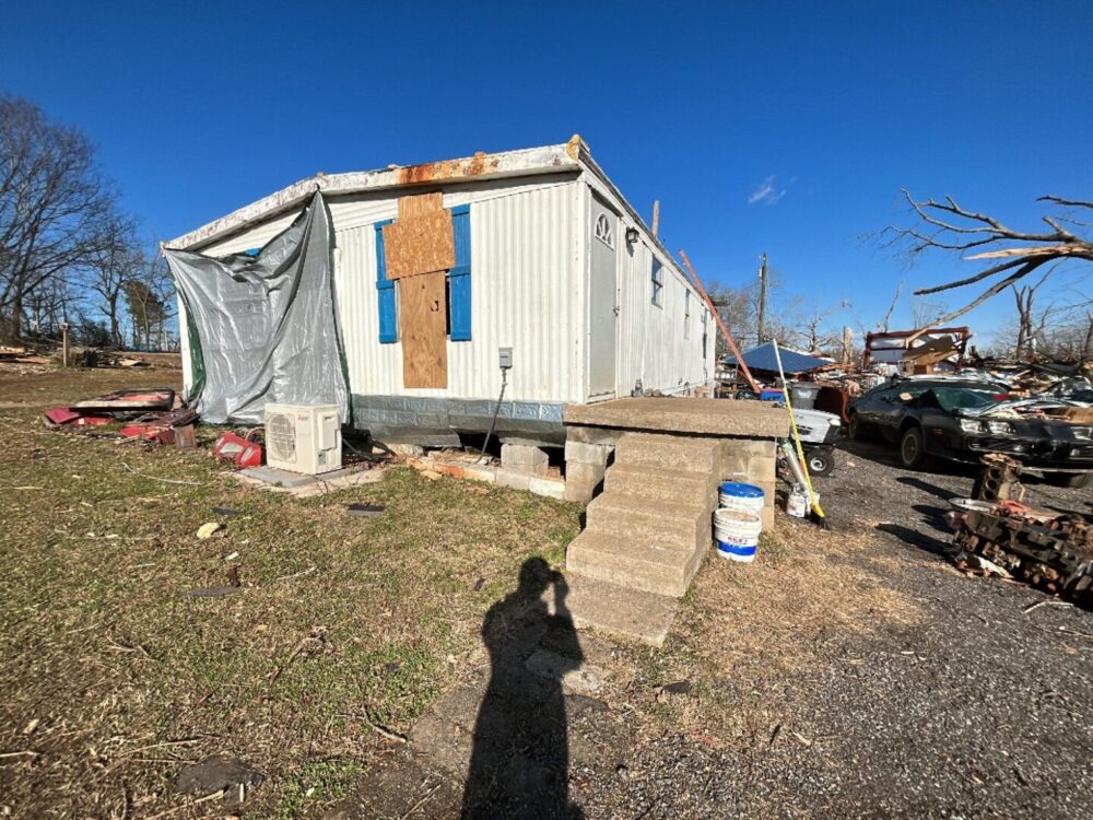 A trailer home that is being remodeled.