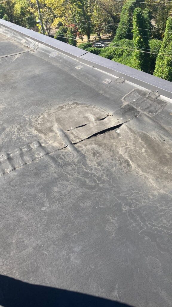 Commercial flat roof with damage causes damage to interior and inventory - MidSouth Construction LLC Image showing split seams in a commercial flat roof that caused interior damage