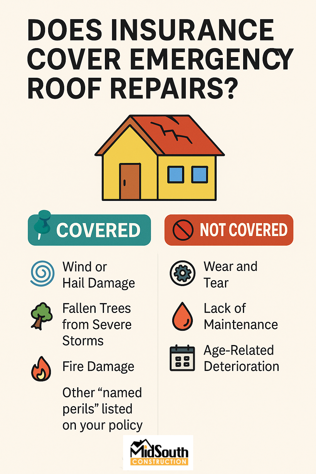 InfoGraphic Does Insurance Cover Emergency Roof Repairs - MidSouth Construction LLC Will insurance cover emergency roof repairs after a storm?