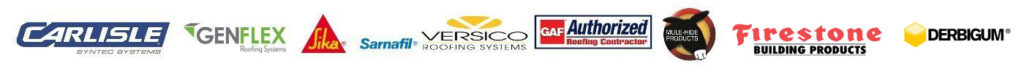 Commercial roofing manufacturer logos: Carlisle, GenFlex, Sika, Samafil, Versico, GAF, MuleHide, Firestone, and Derbigum