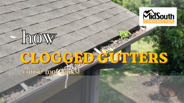 How Clogged Gutters Cause Roof Leaks - MidSouth Construction LLC - MidSouth Construction LLC Image showing clogged gutters and resulted in a roof leak