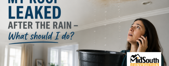 Picture of a lady with a bucket catching water from a roof leak