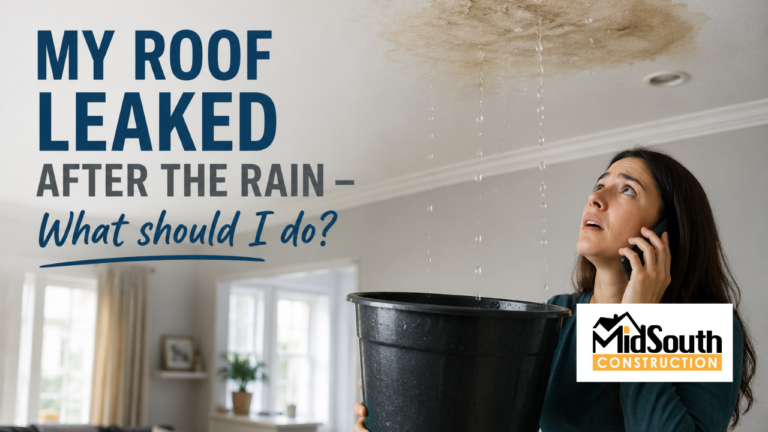 Picture of a lady with a bucket catching water from a roof leak